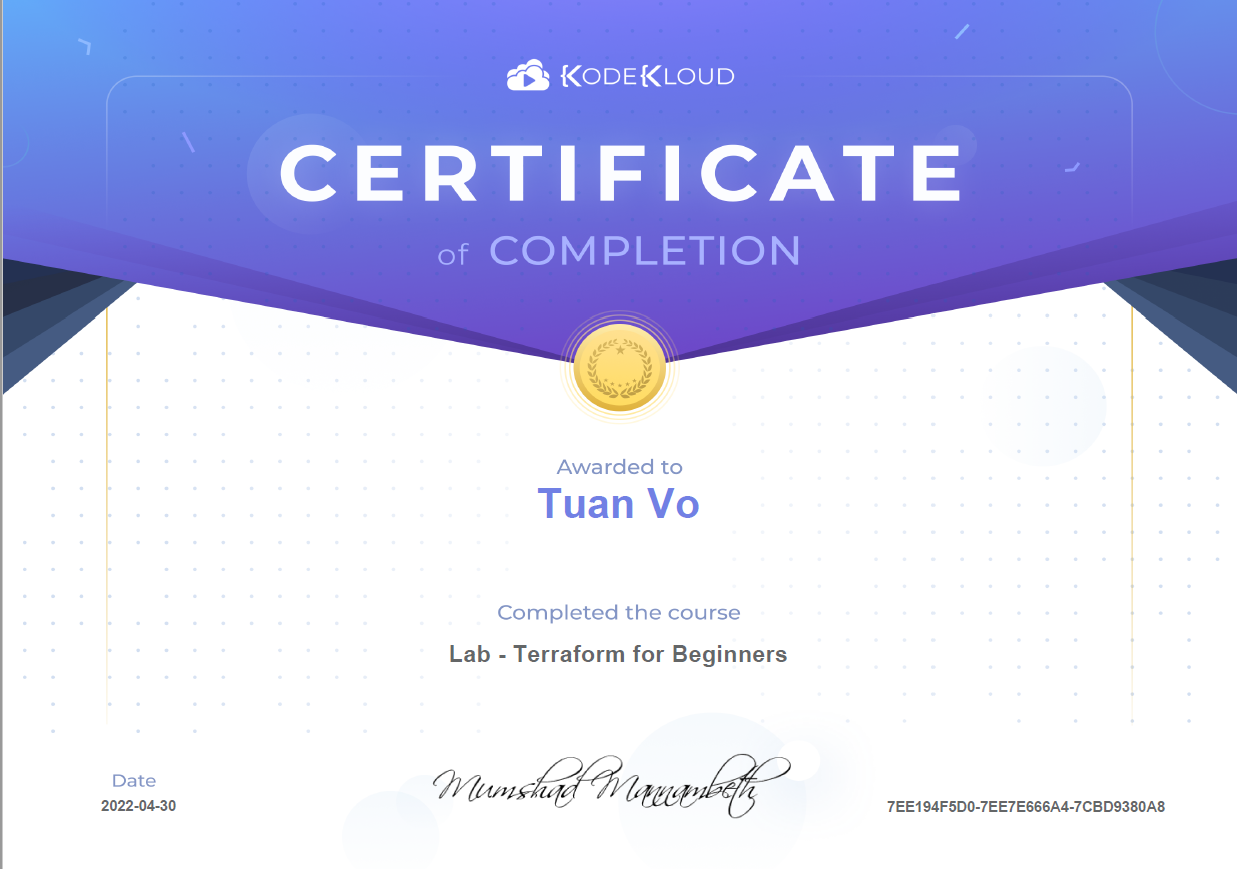 vohungtuan Course-Certificate_Lab-Terraform-for-Beginners_Tuan-Vo